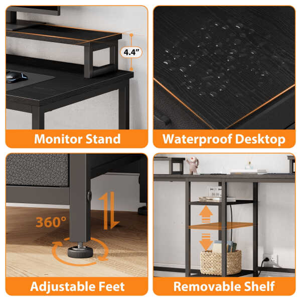 GIKPAL L Shaped Computer Desk, Reversible Gaming Desk with Drawers, Corner Desk with Storage Shelves & Monitor Stand, Home