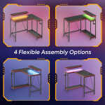 Pinmoco 42" Reversible L-Shaped Gaming Desk with Monitor Stand, LED Lights& Headset Hooks, Home Office, Carbon Fiber Black