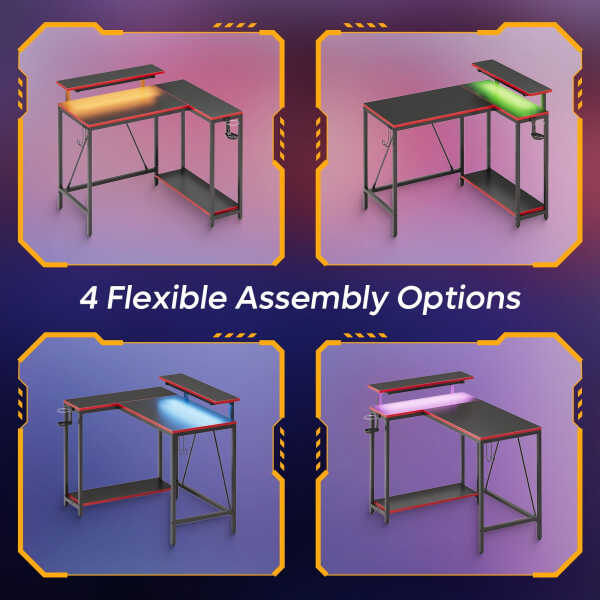 Pinmoco 42" Reversible L-Shaped Gaming Desk with Monitor Stand, LED Lights& Headset Hooks, Home Office, Carbon Fiber Black