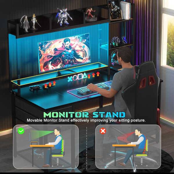 iSunirm Desk with LED Light and Power Outlet, 47.2'' Gaming Desk with Hutch, Reversible Computer Desk with Drawers, and Storage