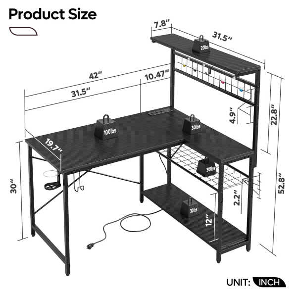 Bestier 42 inch Gaming Desk with LED Lights & Power Outlet, Reversible L Shaped Computer Desk with Hutch & Storage Shelves,
