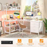 iSunirm L Shaped Gaming Desk with Storage, Computer Gaming Desk with LED Lights & Hutch, Reversible Computer Desk with Power
