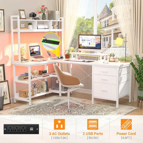 iSunirm L Shaped Gaming Desk with Storage, Computer Gaming Desk with LED Lights & Hutch, Reversible Computer Desk with Power