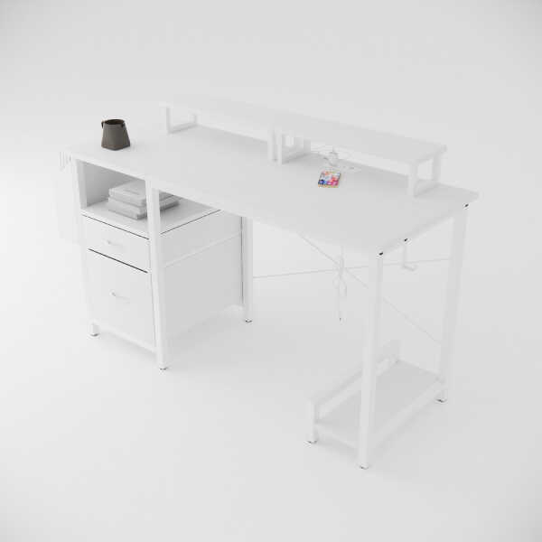 47" Office Desk with Power Outlet, 2 Monitor Stands, 2 Drawers, Side Pocket, Easy to Assemble, Frame stability Reversible, Use