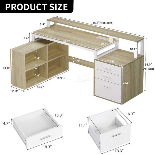 Dextrus 65" L Shaped Desk with Power Outlets and Monitor Stand , Computer Desk with LED Light &File Cabinet, Corner Desk with 3