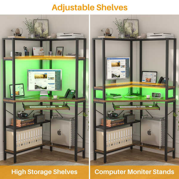 Homieasy Corner Computer Desk with Power Outlets & LED Light, Corner Desk with Hutch, Triangle Gaming Desk with Keyboard Tray,