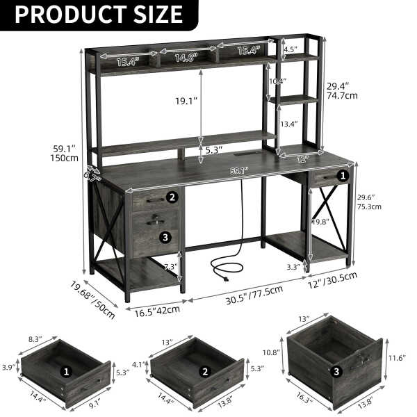 Dextrus 59.1"Computer Desk with Power Outlets & Hutch, Office Desk with Storage Shelves & Drawers with Lock, Gaming Desk with