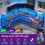 L Shaped Desk with Power Outlet and LED Lights, Corner Computer Desk with File Drawer for Home Office, Gaming Desk, Rustic Brown
