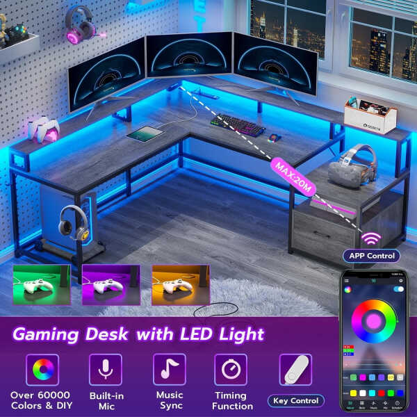 L Shaped Desk with Power Outlet and LED Lights, Corner Computer Desk with File Drawer for Home Office, Gaming Desk, Rustic Brown