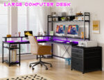Enhomee L Shaped Desk, Gaming Desks with Power Outlet & LED Light Computer Deskwith Drawers & Storage Shelves Black
