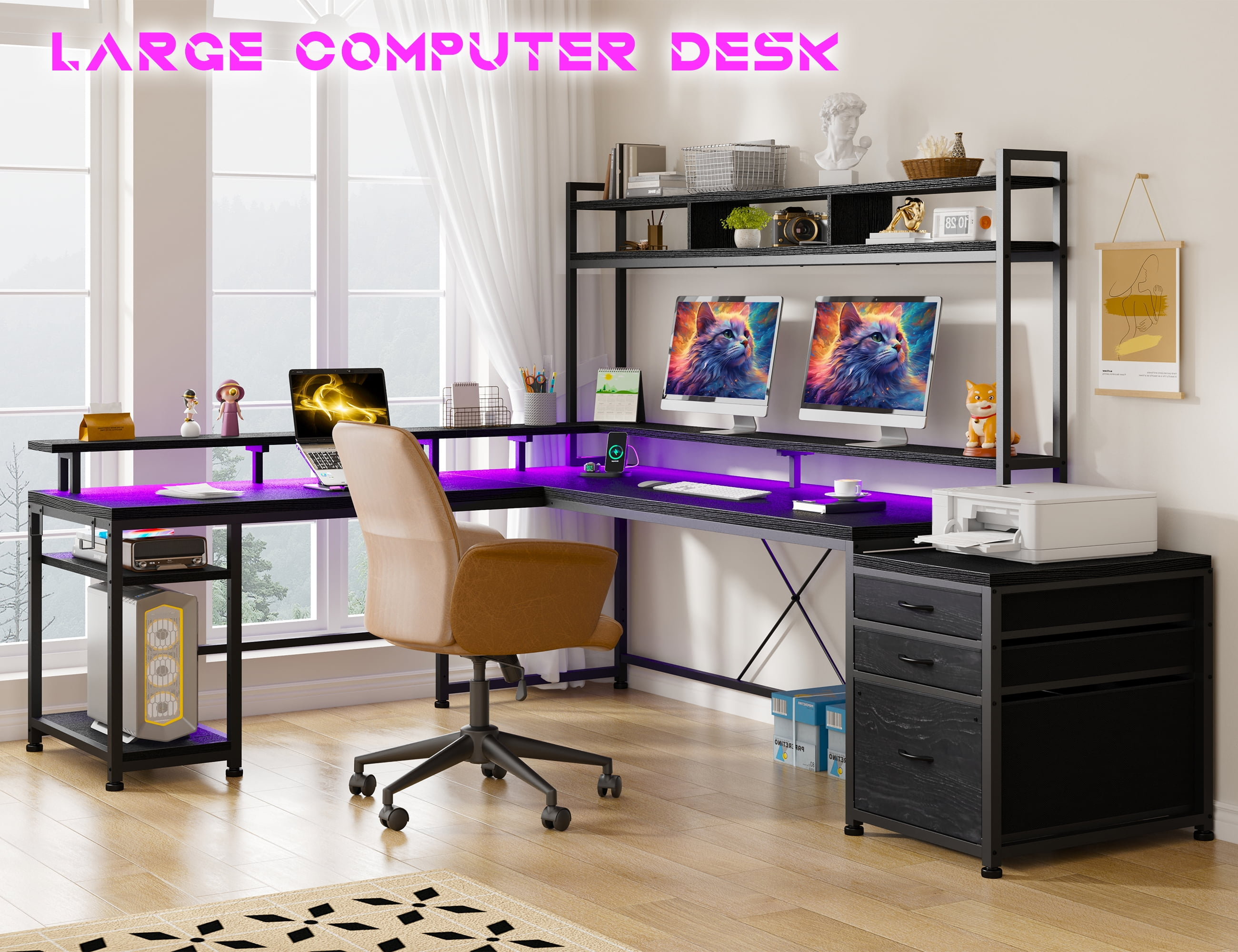 Enhomee L Shaped Desk, Gaming Desks with Power Outlet & LED Light Computer Deskwith Drawers & Storage Shelves Black