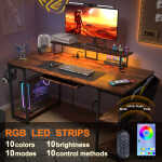 53" Gaming Desk with LED Lights & Power Outlets, Modern Computer Desk with Monitor Stand & Storage Sheves for Home Office, Black