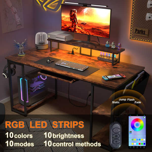 53" Gaming Desk with LED Lights & Power Outlets, Modern Computer Desk with Monitor Stand & Storage Sheves for Home Office, Black