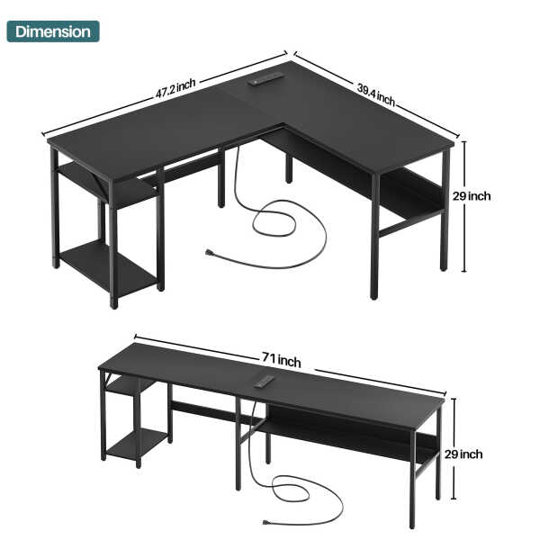 Homieasy Reversible L Shaped Desk with Magic Power Outlets and USB Charging Ports, Sturdy Corner Computer Desk with Storage