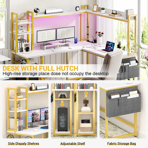 Homieasy L Shaped Desk with Power Outlet and LED lights, Reversible Corner Computer Desk with Hutch and Storage Shelf, Ergonomic