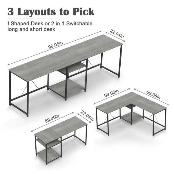 JOZ 59" L Shaped Gaming Desk, Two-Way Convertible Computer Desk with Storage Shelves for Rooms, Corner and Home Office in Rock