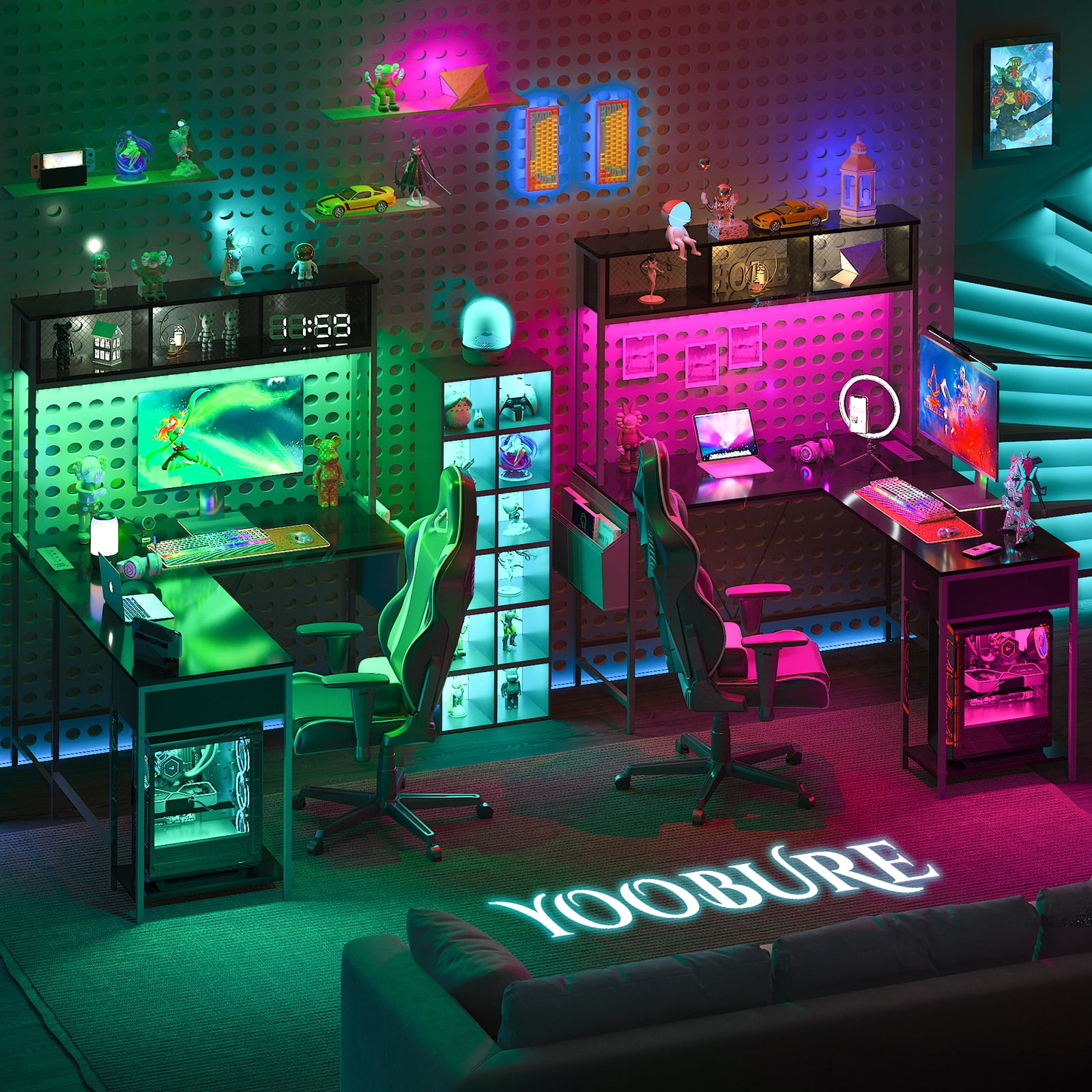 Yoobure 55 inch L Shaped Desk with Power Outlet and LED lights&65292Corner Gaming Desk with Storage Shelf&65292Computer Desk L