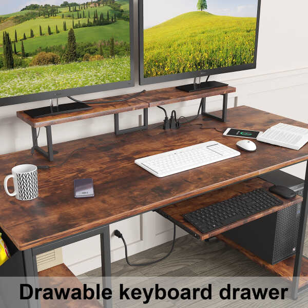 53" Gaming Desk with LED Lights & Power Outlets, Modern Computer Desk with Monitor Stand & Storage Sheves for Home Office, Black