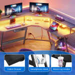 Dextrus L-Shaped Gaming Desk with Large Monitor Riser Stand, Corner Computer Desk with LED & Power Outlets, Carbon Corner Desk