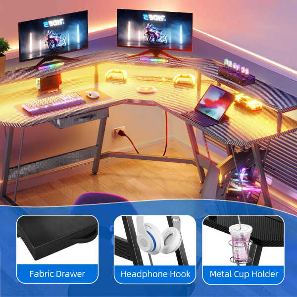 Dextrus L-Shaped Gaming Desk with Large Monitor Riser Stand, Corner Computer Desk with LED & Power Outlets, Carbon Corner Desk