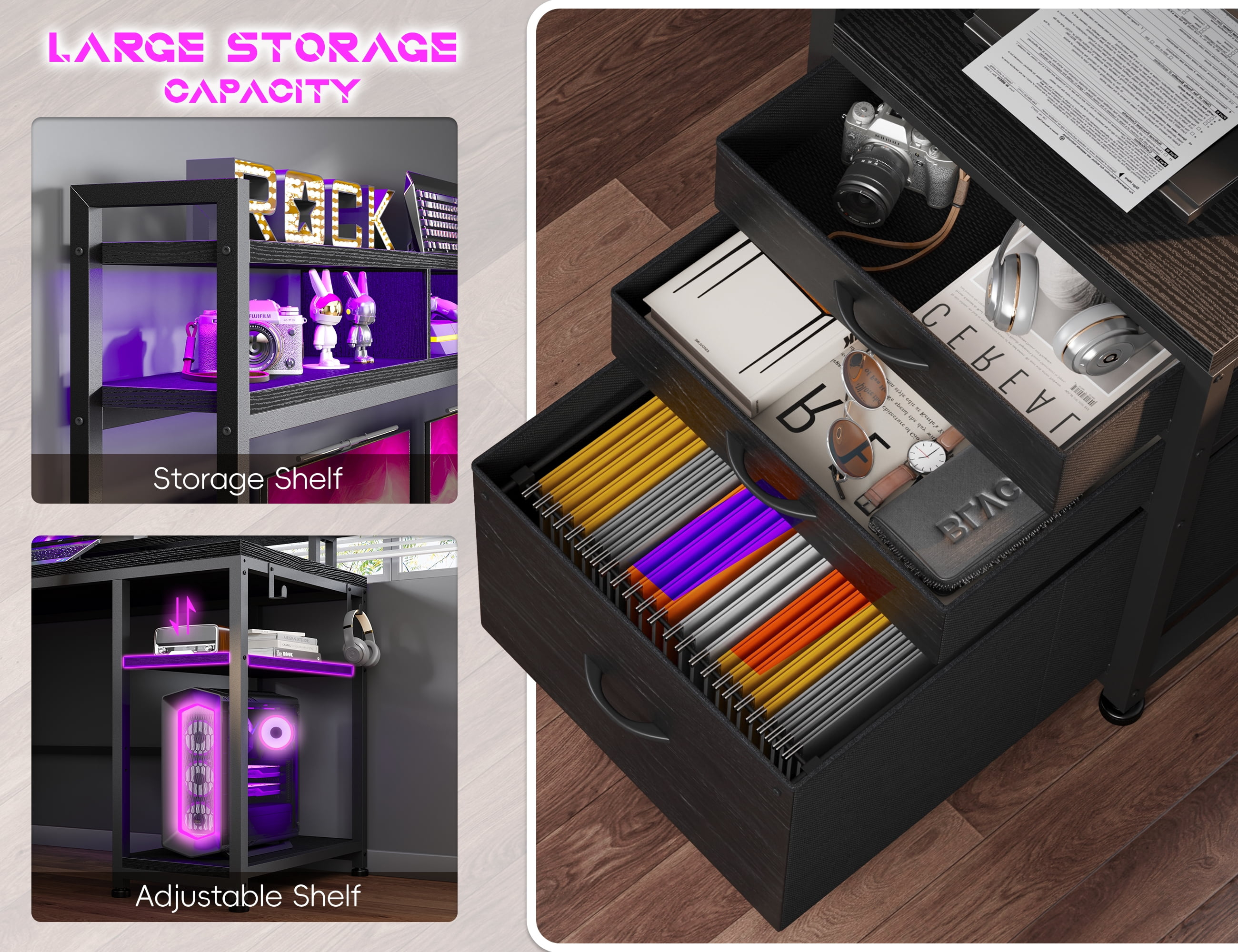Enhomee L Shaped Desk, Gaming Desks with Power Outlet & LED Light Computer Deskwith Drawers & Storage Shelves Black