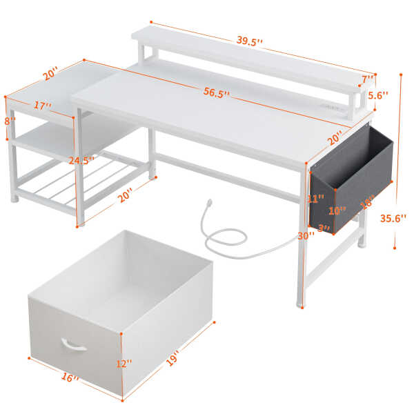 EnHomee 56.5" Computer Desk with Monitor Stand, Office Desk with Fabric File Cabinet, Gaming Computer Desk for Home Office
