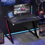 Homall 44 Inches Z-Shaped Gaming Desk Carbon Fiber Surface Desk with Cup Holder & Headphone Hook, Black