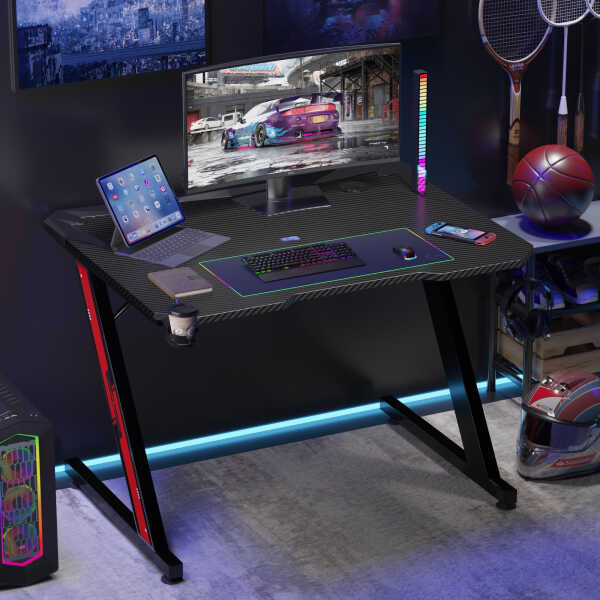 Homall 44 Inches Z-Shaped Gaming Desk Carbon Fiber Surface Desk with Cup Holder & Headphone Hook, Black
