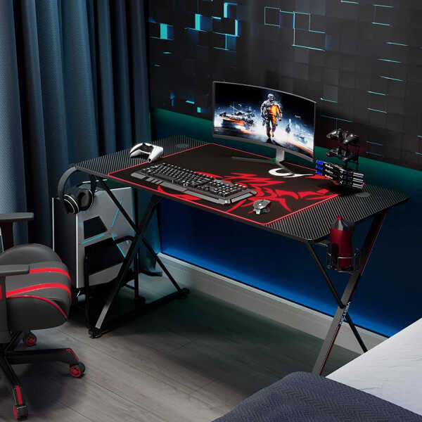 EE EUREKA ERGONOMIC Gaming Desk, 47 inch Gamer Workstation, Carbon Fiber Surface Gaming Computer Desk with Large Mouse Pad,