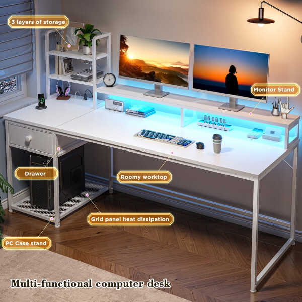 EnHomee 43.3" Gaming Desk with LED Lights & Power Outlets, Computer Desk with Drawers, Home Office Desks with Reversible Shelves