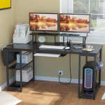 53" Gaming Desk with LED Lights & Power Outlets, Modern Computer Desk with Monitor Stand & Storage Sheves for Home Office, Black