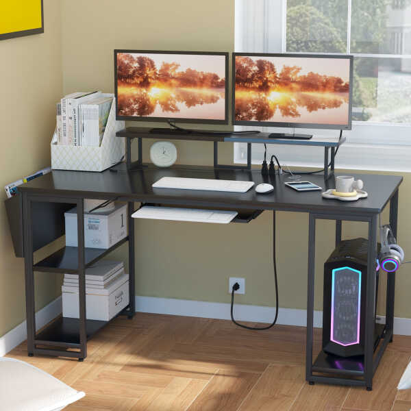 53" Gaming Desk with LED Lights & Power Outlets, Modern Computer Desk with Monitor Stand & Storage Sheves for Home Office, Black