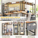 Homieasy L Shaped Desk with Power Outlet and LED lights, Reversible Corner Computer Desk with Hutch and Storage Shelf, Ergonomic