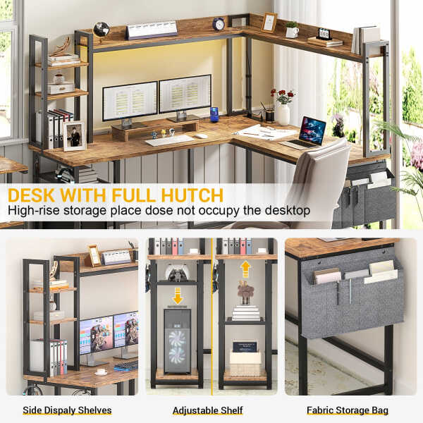 Homieasy L Shaped Desk with Power Outlet and LED lights, Reversible Corner Computer Desk with Hutch and Storage Shelf, Ergonomic