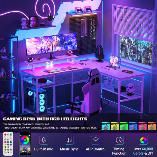 Homieasy L Shaped Computer Desk with Magic Power Outlets and Smart LED Light, Reversible 55 Inch Corner Office Desk with Monitor