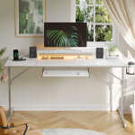 Bestier 63" Gaming Desk with LED Lights & Power Outlets, Computer Desk with Monitor Stand & Keyboard Tray for Home Office,