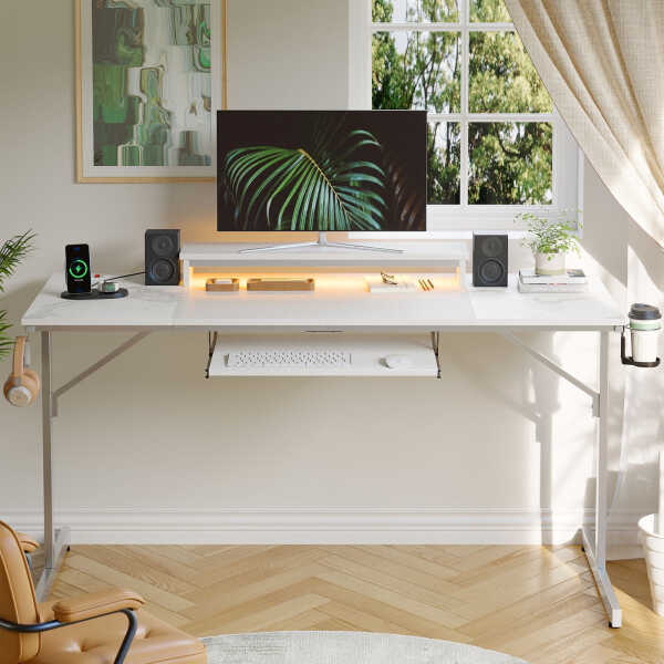 Bestier 63" Gaming Desk with LED Lights & Power Outlets, Computer Desk with Monitor Stand & Keyboard Tray for Home Office,