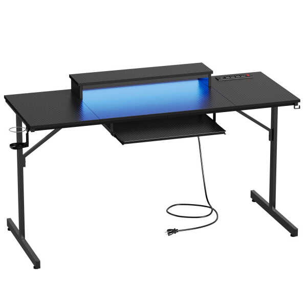 Bestier 63" Gaming Desk with LED Lights & Power Outlets, Computer Desk with Monitor Stand & Keyboard Tray for Home Office,