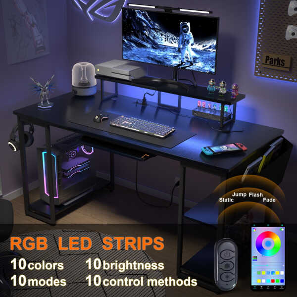 53" Gaming Desk with LED Lights & Power Outlets, Modern Computer Desk with Monitor Stand & Storage Sheves for Home Office, Black