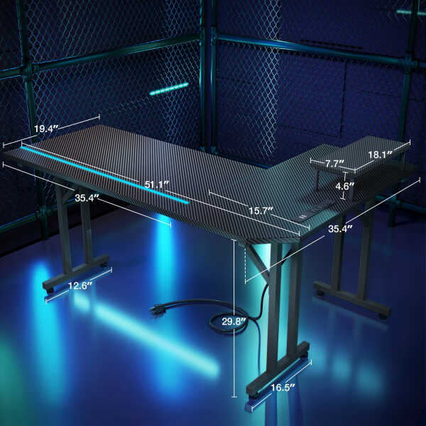 51 inch Gaming Desk with LED Lights & Power Outlet, Gaming Table with Movable Monitort Shelf Kids Desk Gift for Boys Men, Home
