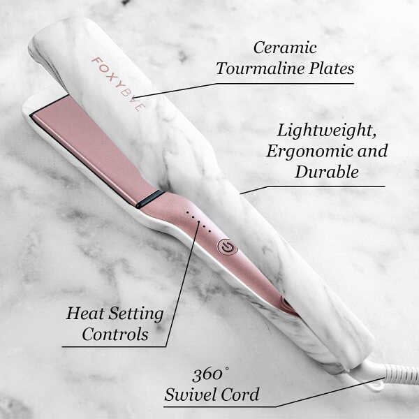 FoxyBae White Marble Rose Gold Flat Iron - Ceramic Tourmaline Technology - Hair Straightener with Negative Ions - Straightens &