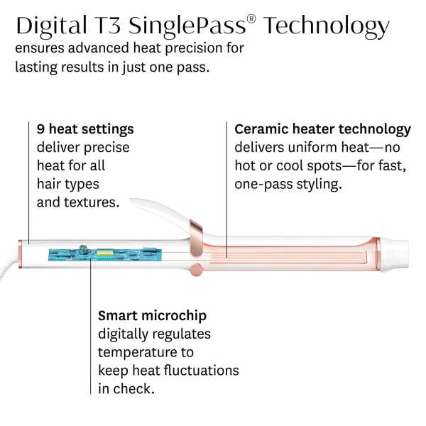 T3 SinglePass Curl X 1.25" Extra-Long Barrel Curling Iron with 9 Heat Settings and Ceramic Barrel for Fast Styling and Lasting