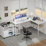 Homieasy Reversible L Shaped Desk with Magic Power Outlets and USB Charging Ports, Sturdy Corner Computer Desk with Storage