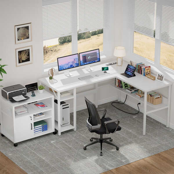 Homieasy Reversible L Shaped Desk with Magic Power Outlets and USB Charging Ports, Sturdy Corner Computer Desk with Storage