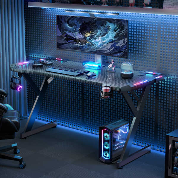HLDIRECT 40 inch Gaming Desk with LED, Ergonomic Computer Table for Adult and Teen, Black