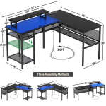 Homieasy L Shaped Computer Desk with Magic Power Outlets and Smart LED Light, Reversible 55 Inch Corner Office Desk with Monitor