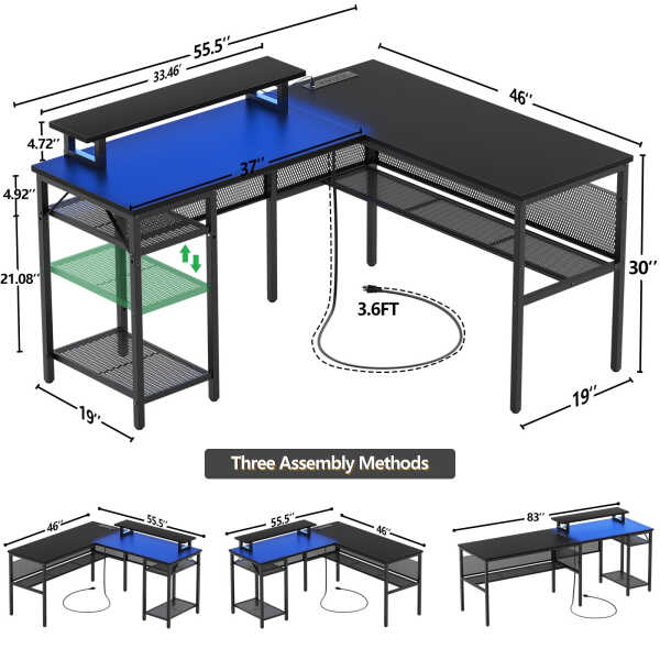 Homieasy L Shaped Computer Desk with Magic Power Outlets and Smart LED Light, Reversible 55 Inch Corner Office Desk with Monitor