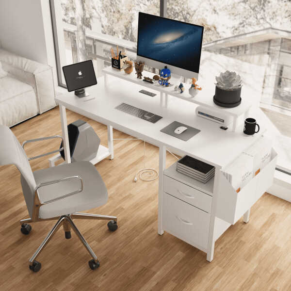 Furnibear Computer Desk with Drawer and Power Outlets, 47" Office Desk with 2 Monitor Stands and Fabric File Cabinet for Home