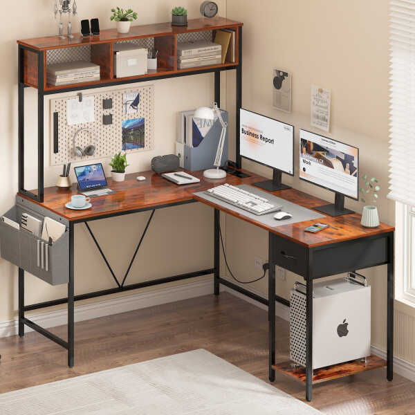 Yoobure 55 inch L Shaped Desk with Power Outlet and LED lights&65292Corner Gaming Desk with Storage Shelf&65292Computer Desk L