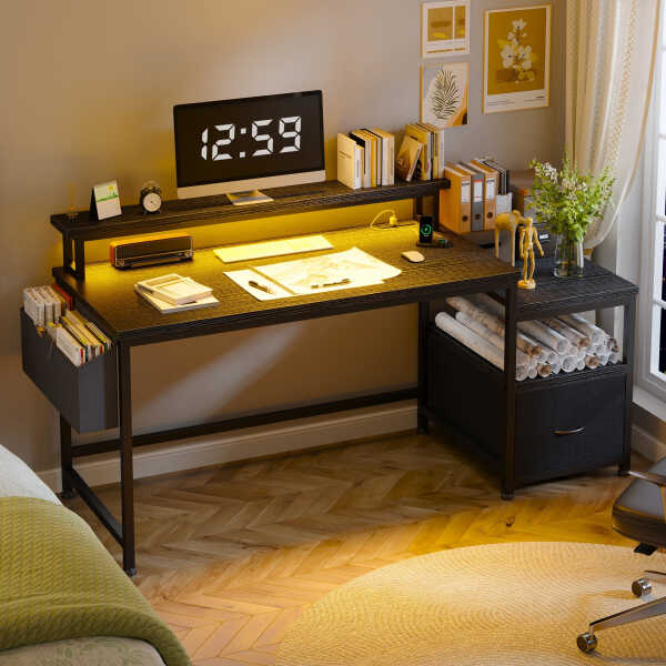 EnHomee 56.5" Computer Desk with Monitor Stand, Office Desk with Fabric File Cabinet, Gaming Computer Desk for Home Office